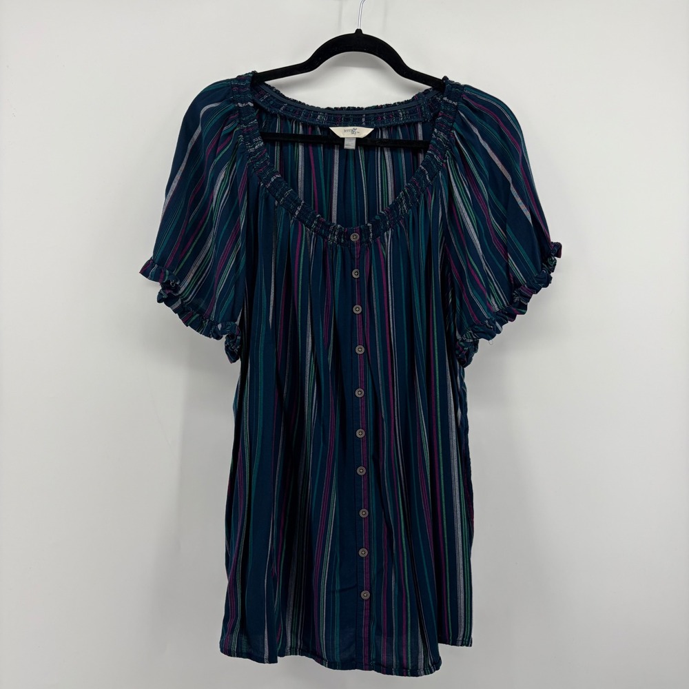 Terra & Sky Womens 1X Multi Stripe Smocked Peasant Blouse Faux Button Front